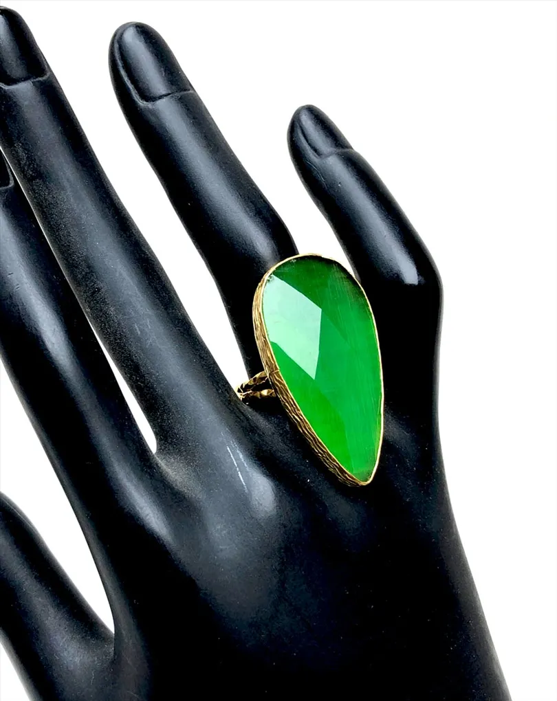 ANILLOS VERDES DE PIEDRAS OJO DE GATO EN TALLA DE LAGRIMA