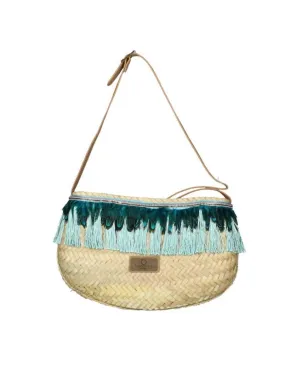 Bolso Palma Natural/verde Jade Plumas y Flecos Tipo Gondola