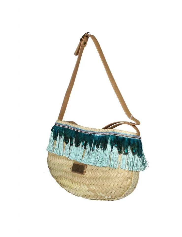 Bolso Palma Natural/verde Jade Plumas y Flecos Tipo Gondola