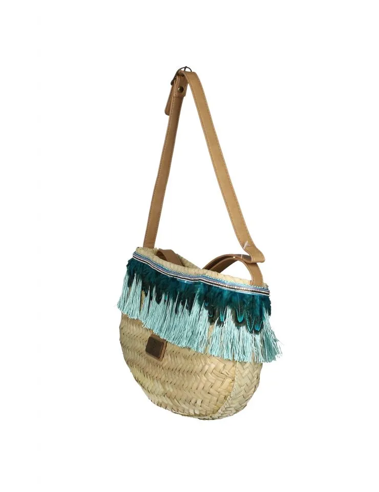 Bolso Palma Natural/verde Jade Plumas y Flecos Tipo Gondola