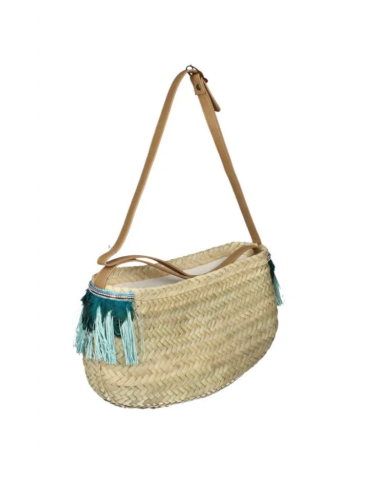 Bolso Palma Natural/verde Jade Plumas y Flecos Tipo Gondola