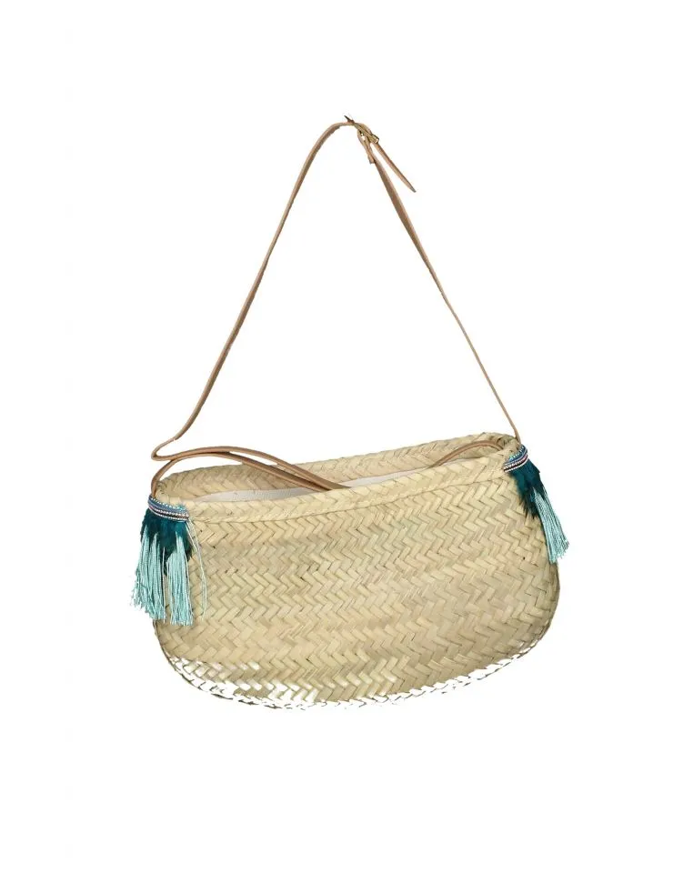 Bolso Palma Natural/verde Jade Plumas y Flecos Tipo Gondola