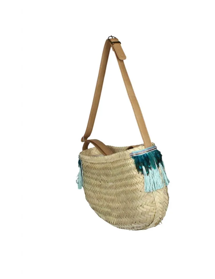 Bolso Palma Natural/verde Jade Plumas y Flecos Tipo Gondola