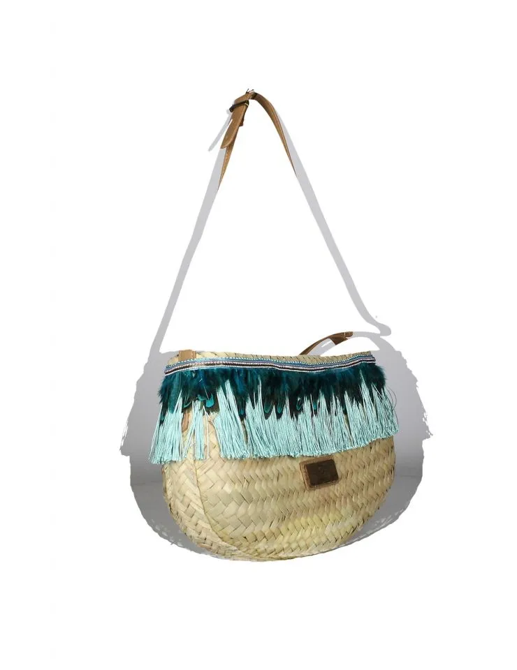 Bolso Palma Natural/verde Jade Plumas y Flecos Tipo Gondola