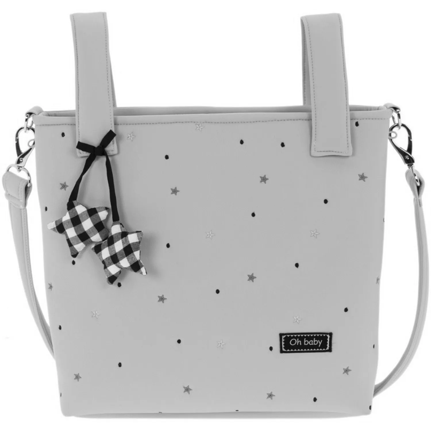 Bolso talega de polipiel gris con estrellas bordadas en negro. Modelo Nuria