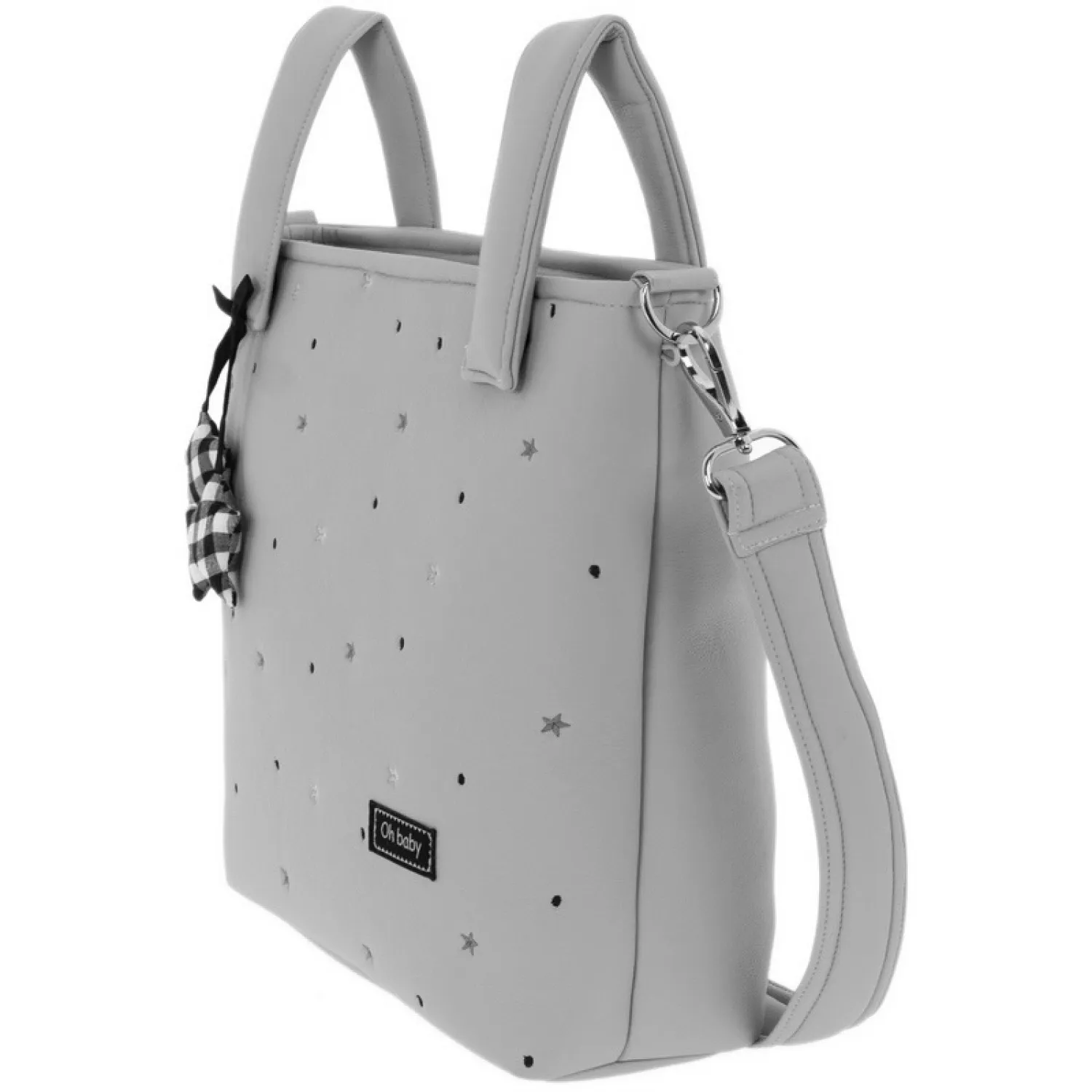 Bolso talega de polipiel gris con estrellas bordadas en negro. Modelo Nuria