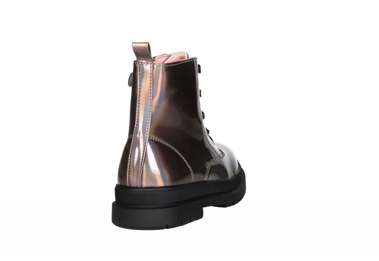 Bota Cremallera/cordon Charol Plata Metalizado Piso Negro