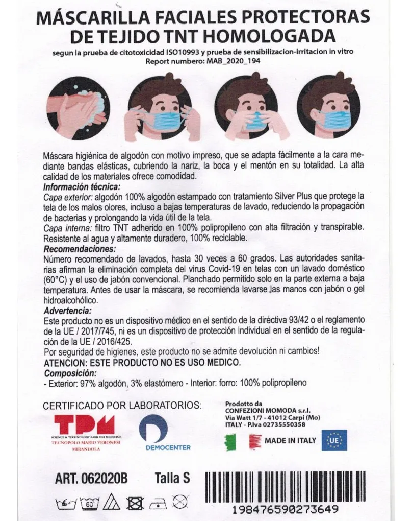 MASCARILLAS DE TELA HOMOLOGADAS CON FILTRO TNT 100% POLIPROPILENO