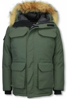 Parkas Hombre - Parka De Invierno Media luna - Cuello De Piel - Expedition Parka - Verde