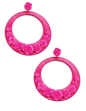 PENDIENTES DE FLAMENCA AROS FUCSIAS CON FLORES