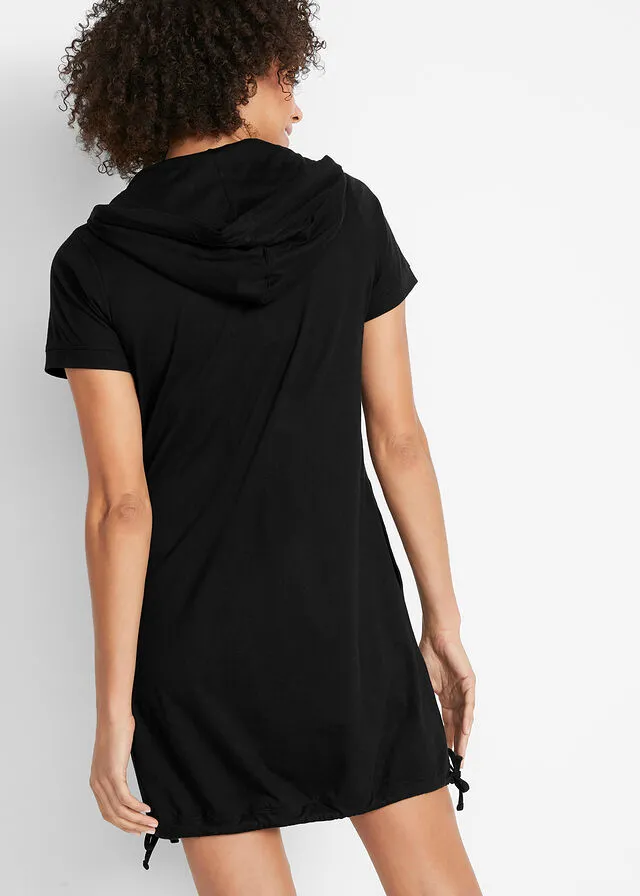 Vestido camisero de algodón, manga corta Negro